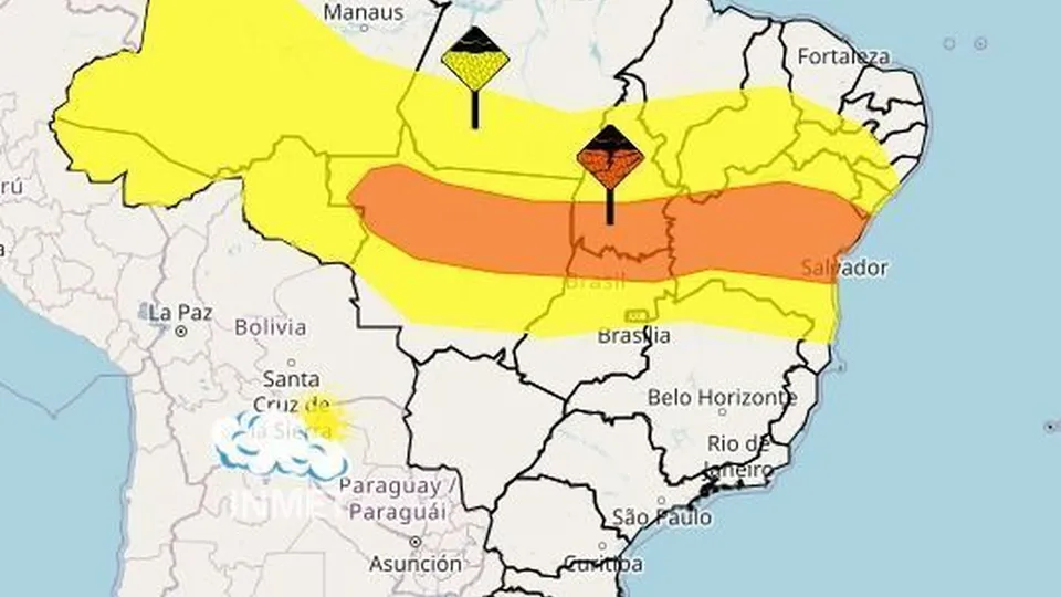 O Inmet emitiu alertas para chuvas intensas em várias regiões, com destaque para Bahia e Mato Grosso até segunda-feira.