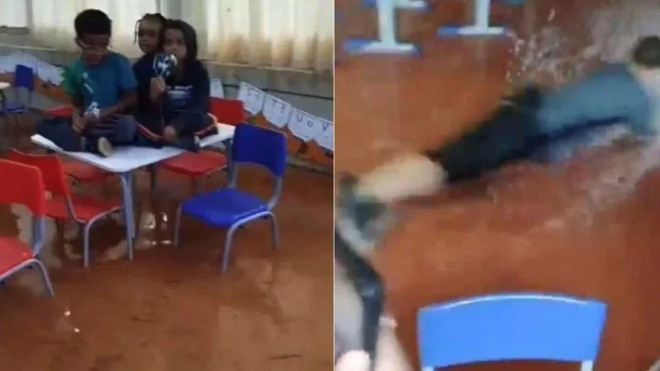 Chuva intensa causa alagamento na Escola Municipal Raimundo Campos, em Ouro Branco, MG