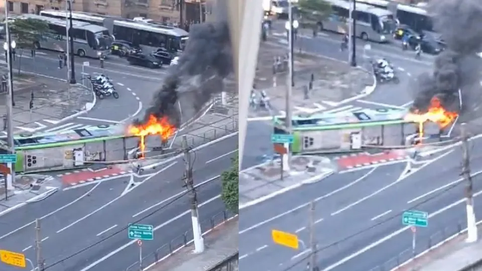 Ônibus capota e pega fogo no centro de São Paulo; três pessoas ficam feridas