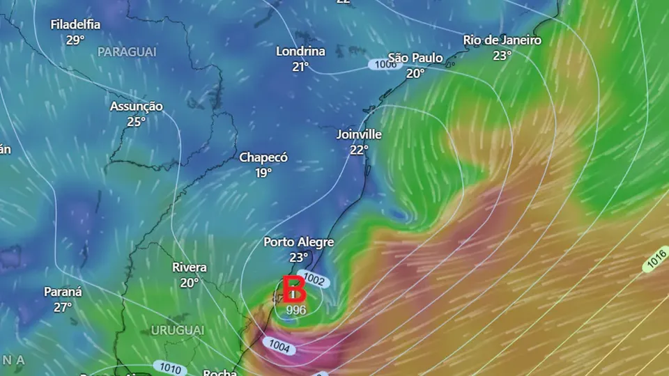 Fenômeno pode provocar ventos fortes e mar agitado na costa entre Rio Grande do Sul e Uruguai