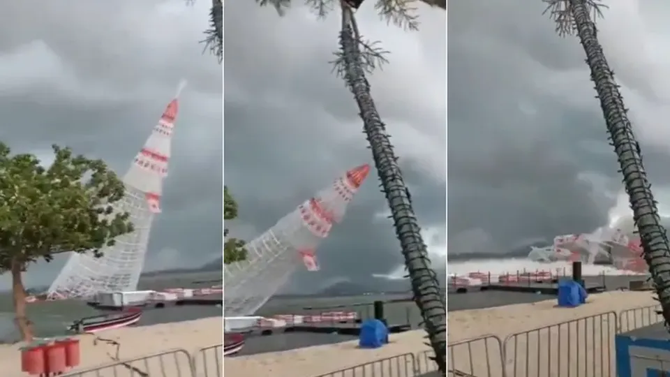 Uma forte tempestade derrubou a estrutura que seria inaugurada nesta quarta-feira (18) na Lagoa de Araçatiba.
