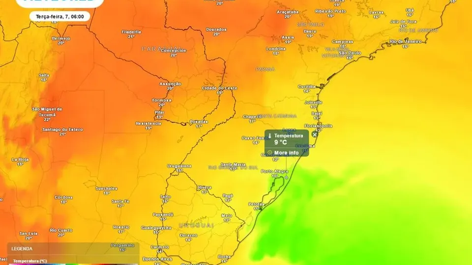 A chegada de uma massa de ar frio altera o clima no Sul e Sudeste, com mínimas abaixo de 10°C em algumas cidades.