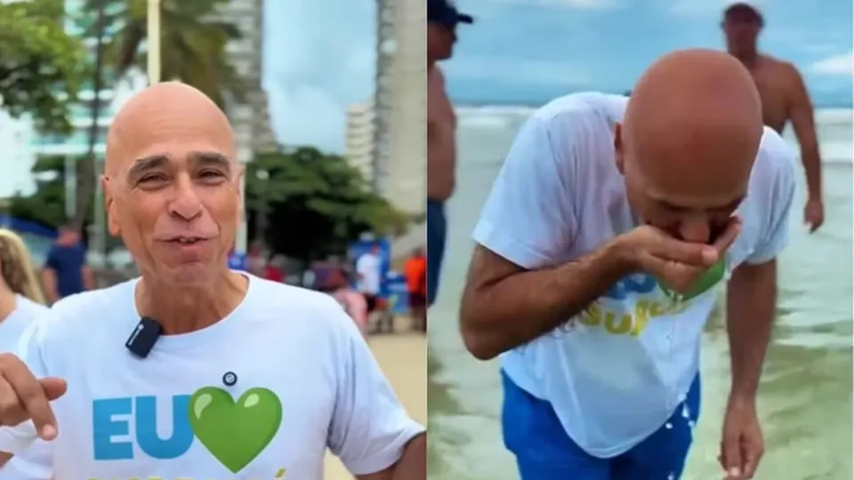 Farid Madi, prefeito de Guarujá, publica vídeo tomando água do mar em meio a surto de virose na Baixada Santista.