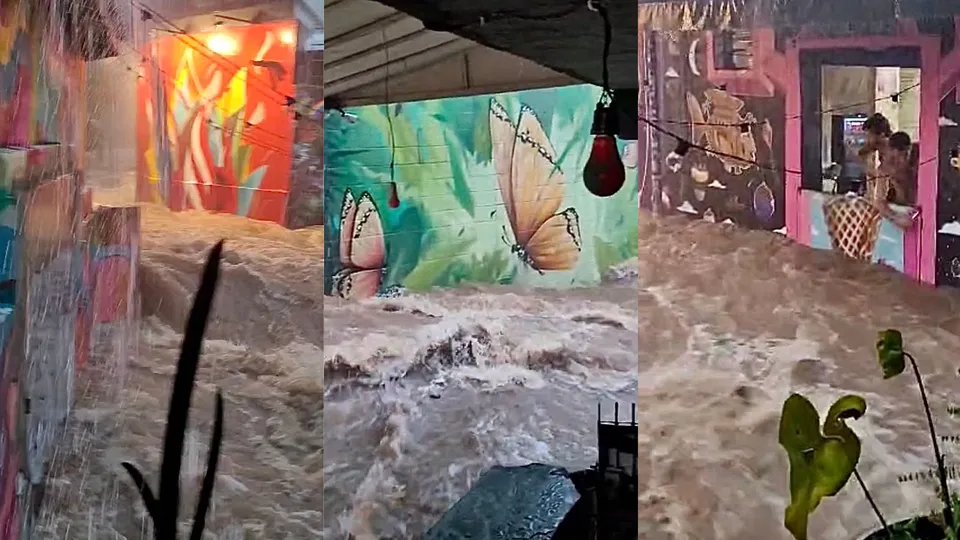 Tempestade transforma Beco do Batman em rio durante forte chuva em São Paulo