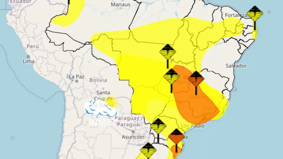 Inmet alerta para chuvas intensas e ventos de até 100 km/h em várias regiões do Brasil