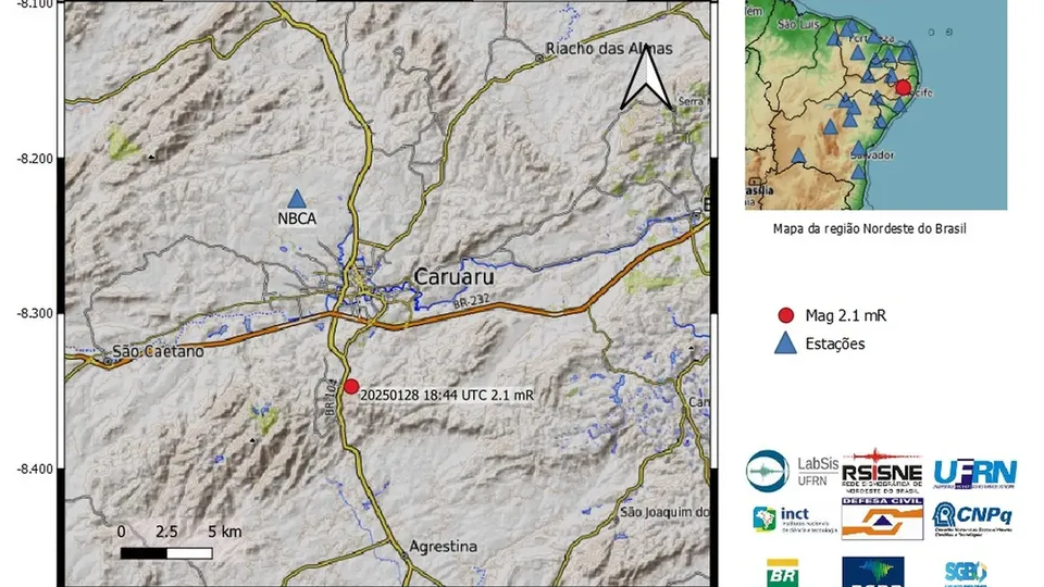 Tremor de terra de magnitude 2.1 é registrado em Caruaru, Pernambuco