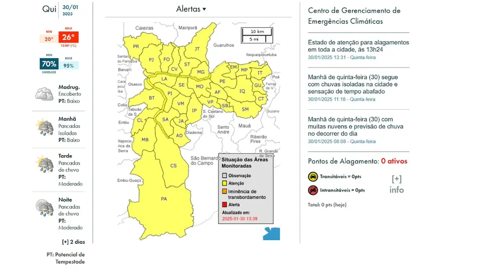 Centro de Gerenciamento de Emergências alerta para possíveis transbordamentos e queda de árvores durante o fim de semana.