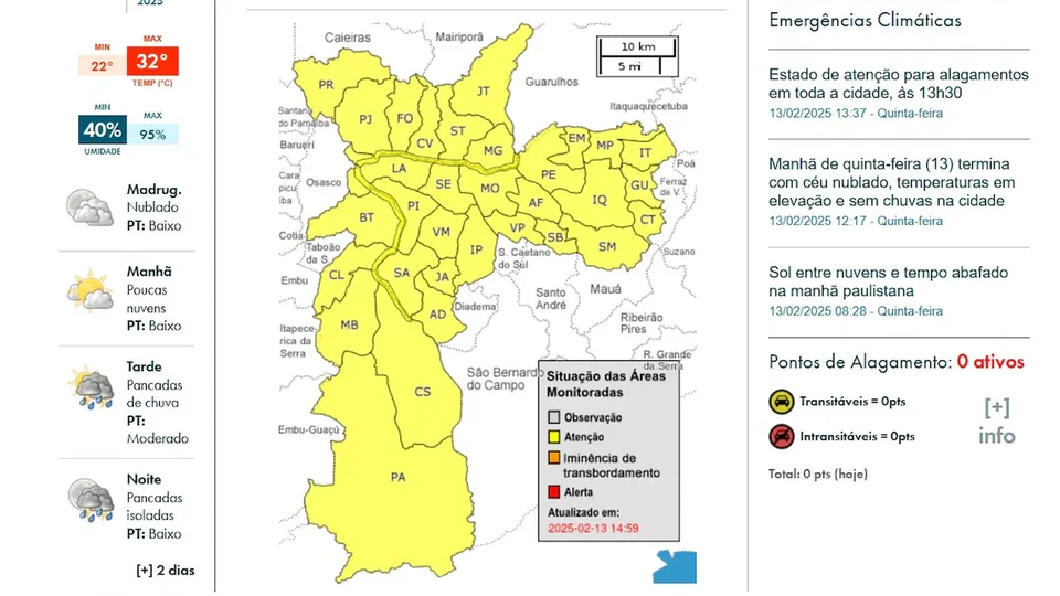 CGE alerta para riscos de alagamentos e rajadas de vento em diversas regiões da capital paulista.