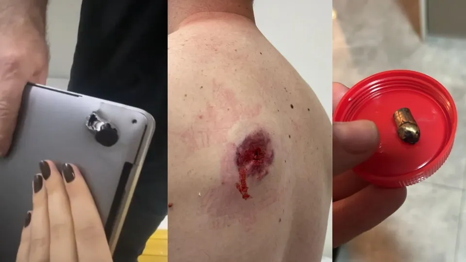 Um homem de 35 anos foi baleado nas costas, mas escapou ileso graças ao equipamento na mochila; criminosos fugiram