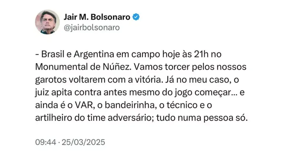 Ex-presidente critica imparcialidade do juiz e diz que 'apita antes do jogo começar'