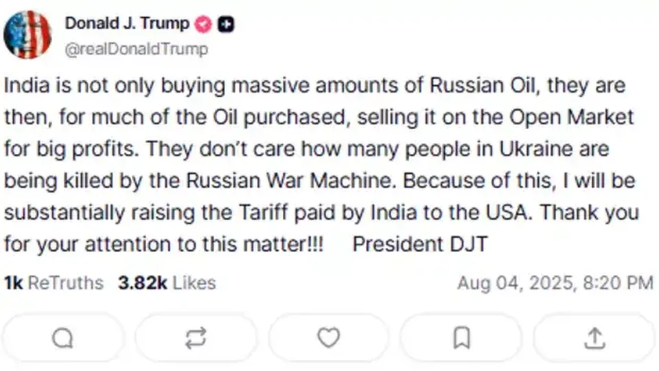 Trump anuncia aumento substancial de tarifas sobre a Índia por compra de petróleo russo