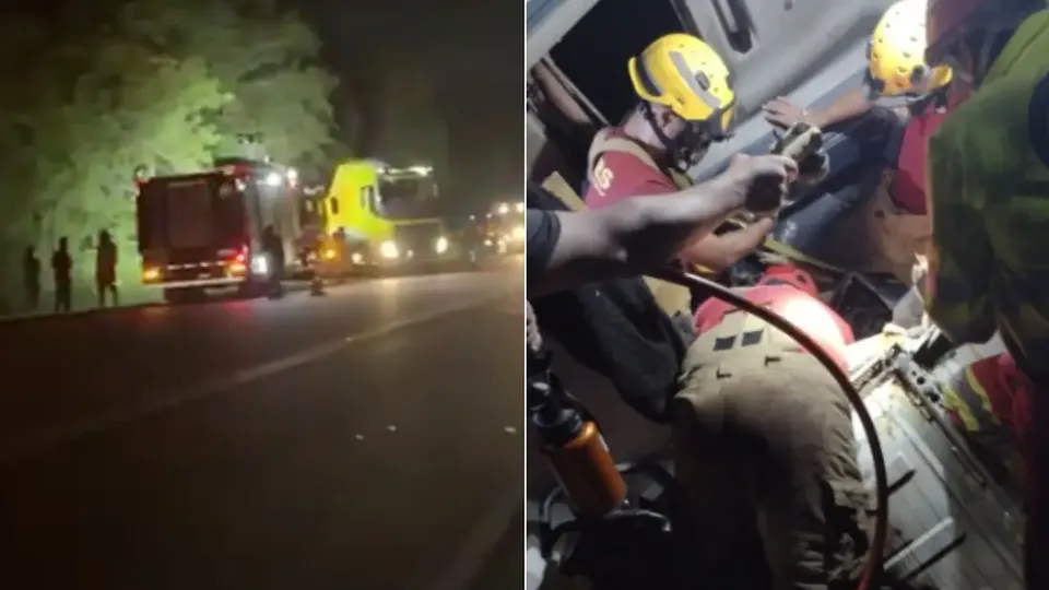 Duas pessoas ficaram presas em uma carreta que saiu da pista em área de difícil acesso no Rio Grande do Sul.