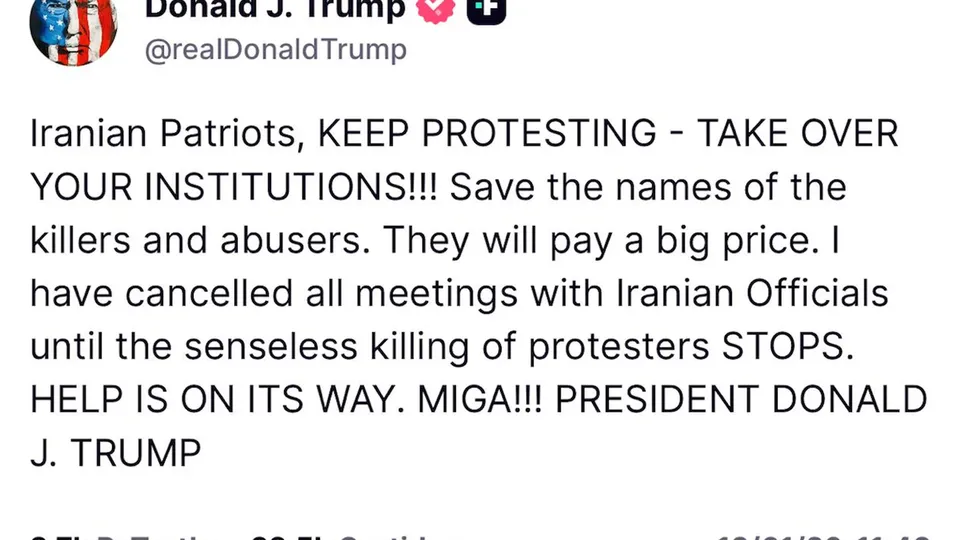 O presidente dos EUA, Donald Trump, incentiva a popula&ccedil;&atilde;o iraniana a continuar os protestos e promete apoio.