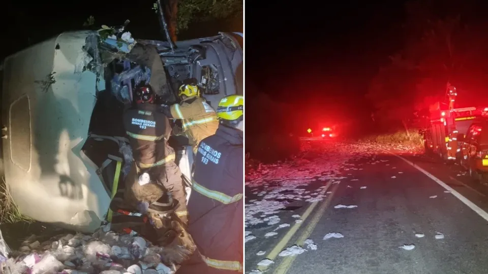 &Ocirc;nibus que transportava estudantes de Governador Valadares colidiu com carreta e caiu em ribanceira na noite de segunda-feira.