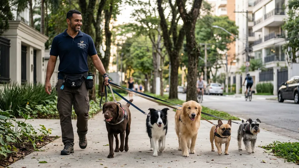 Atuar como dog walker exige mais do que gostar de animais: a fun&ccedil;&atilde;o pede preparo t&eacute;cnico, leitura de comportamento, preven&ccedil;&atilde;o de riscos e no&ccedil;&otilde;es de primeiros socorros.