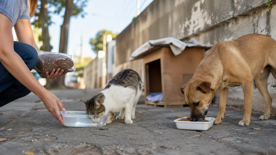 A&ccedil;&otilde;es simples como &aacute;gua, alimento e apoio &agrave; castra&ccedil;&atilde;o ajudam animais de rua com seguran&ccedil;a, reduzindo riscos e gerando impacto duradouro.